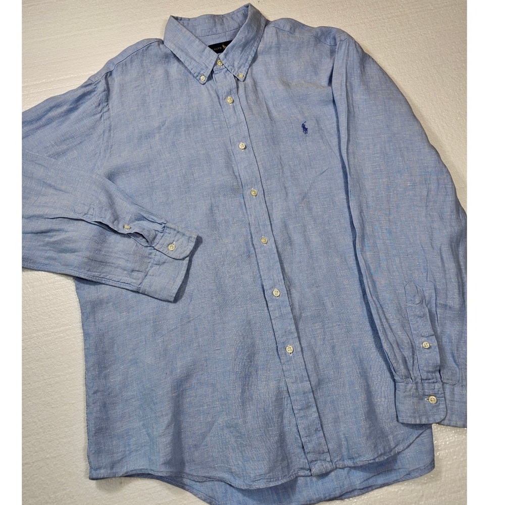 Polo Ralph Lauren Mens XXL Blue Linen Button Down Shirt Long Sleeve Pony Logo